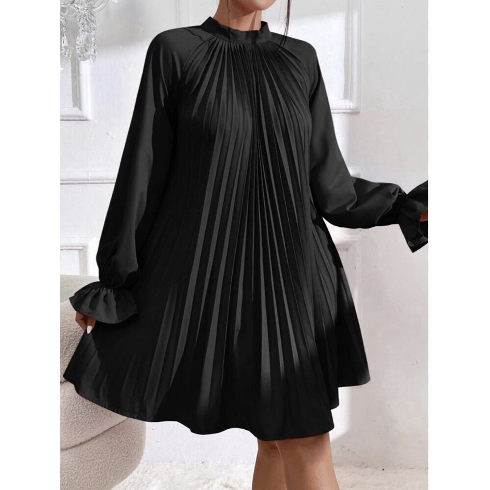 SHEIN Prive Flounce Pleated Dress Black Mock Neck Ties Sz M (6)